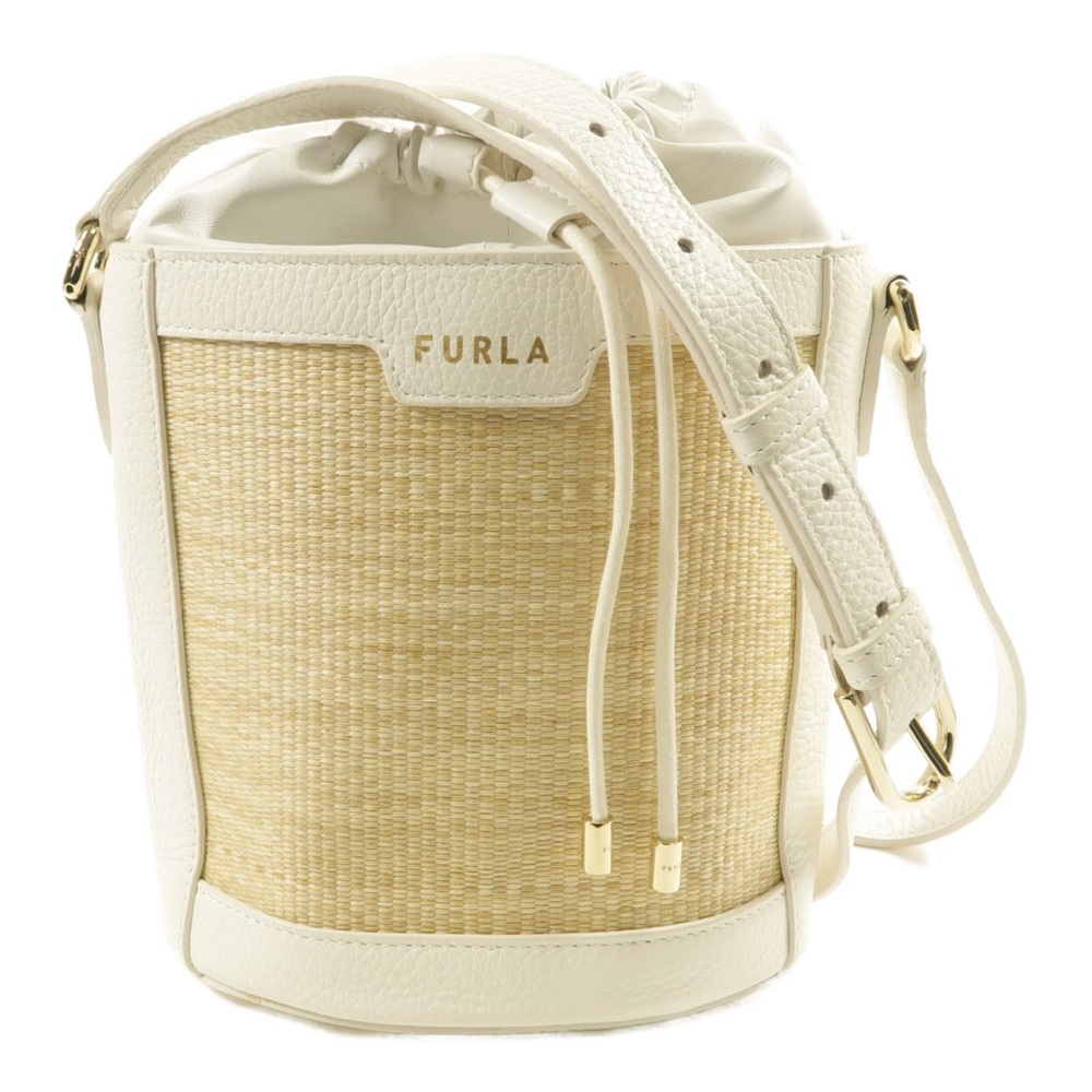 Furla GHW Raffia Shoulder Bag Calfskin Bucket Bag Leather Beige/White